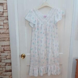 Floral Lace Trim Nightgown Vintage Nylon Gown Size Large
